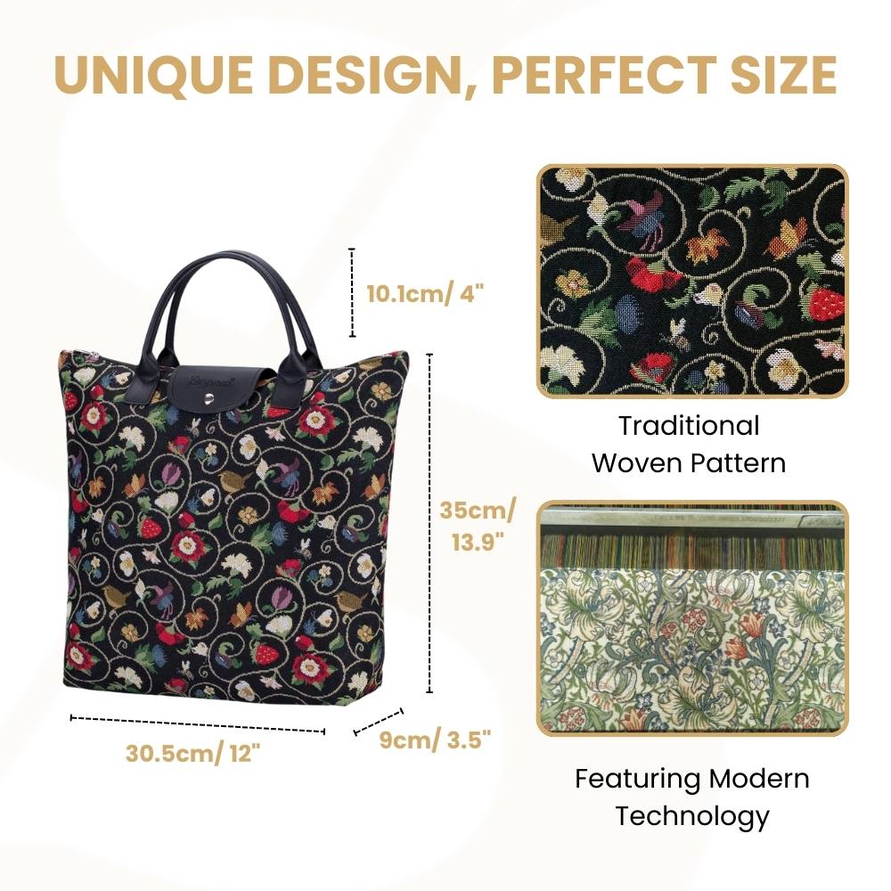 Jacobean Dream Black Foldable Reusable Grocery Bag