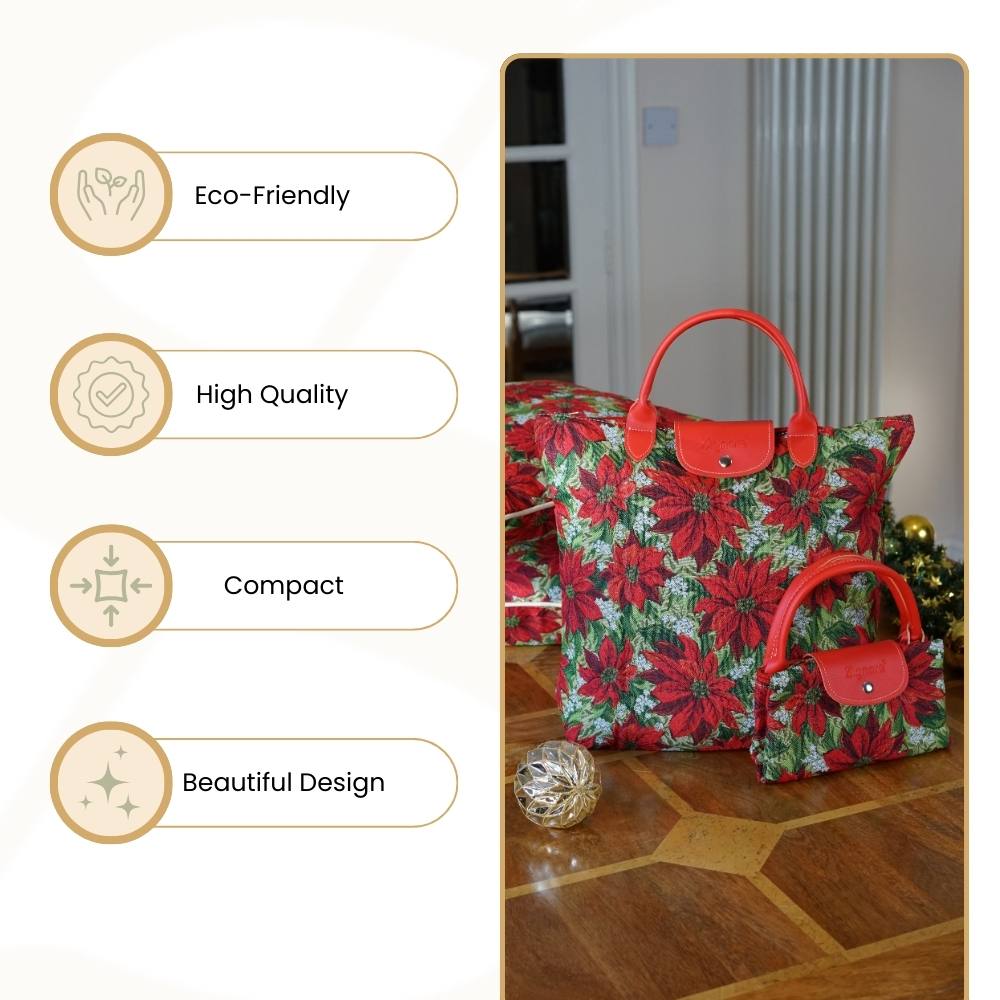 Xmas Poinsettias Red Foldaway Reusable Grocery Bag