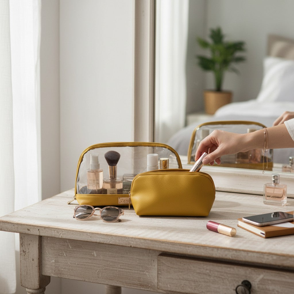 Clear Toiletry Bag/ Cosmetic Bag Set of 2 - Light Yellow