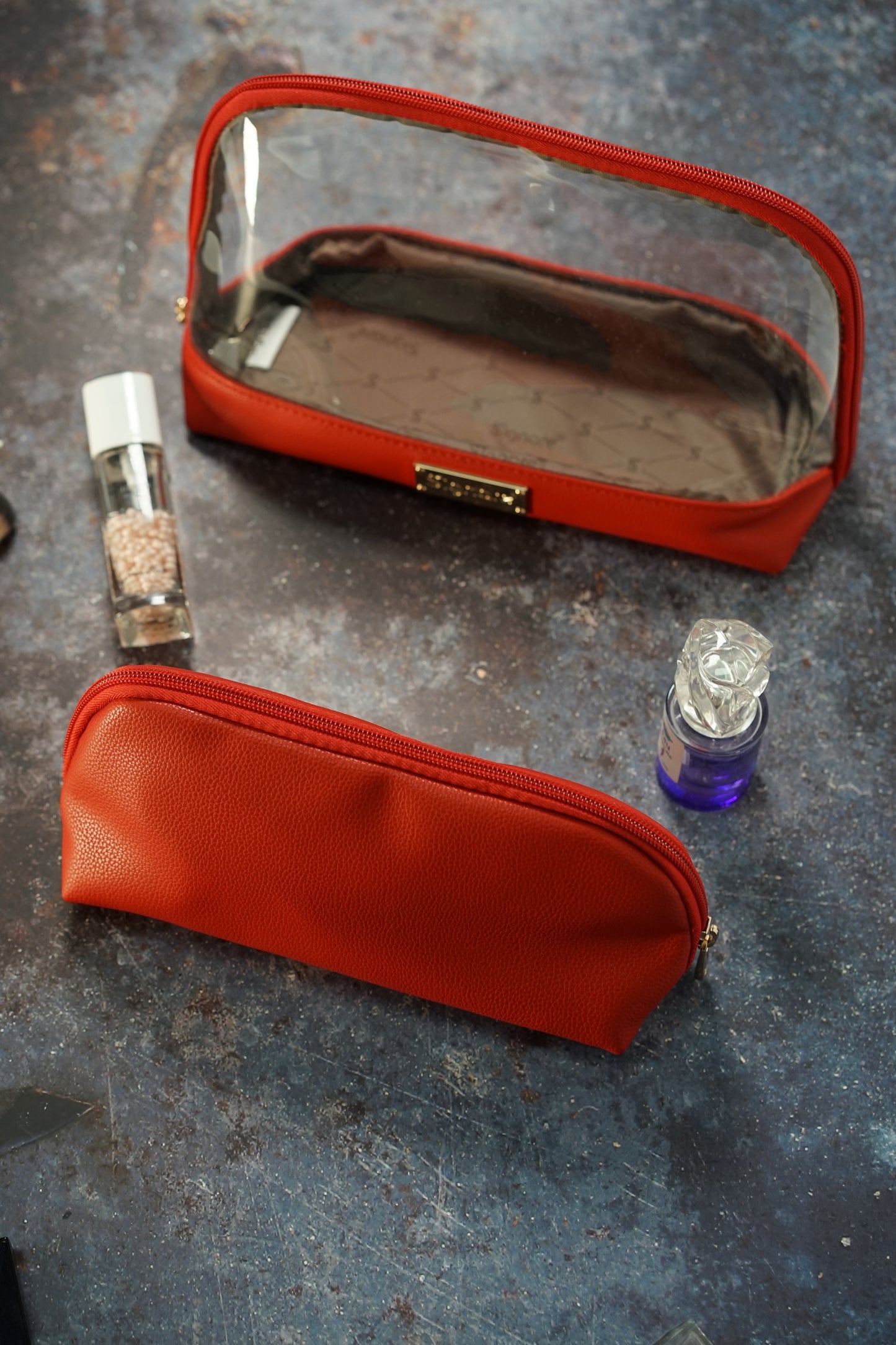 Clear Toiletry Bag/ Cosmetic Bag Set of 2 - Red