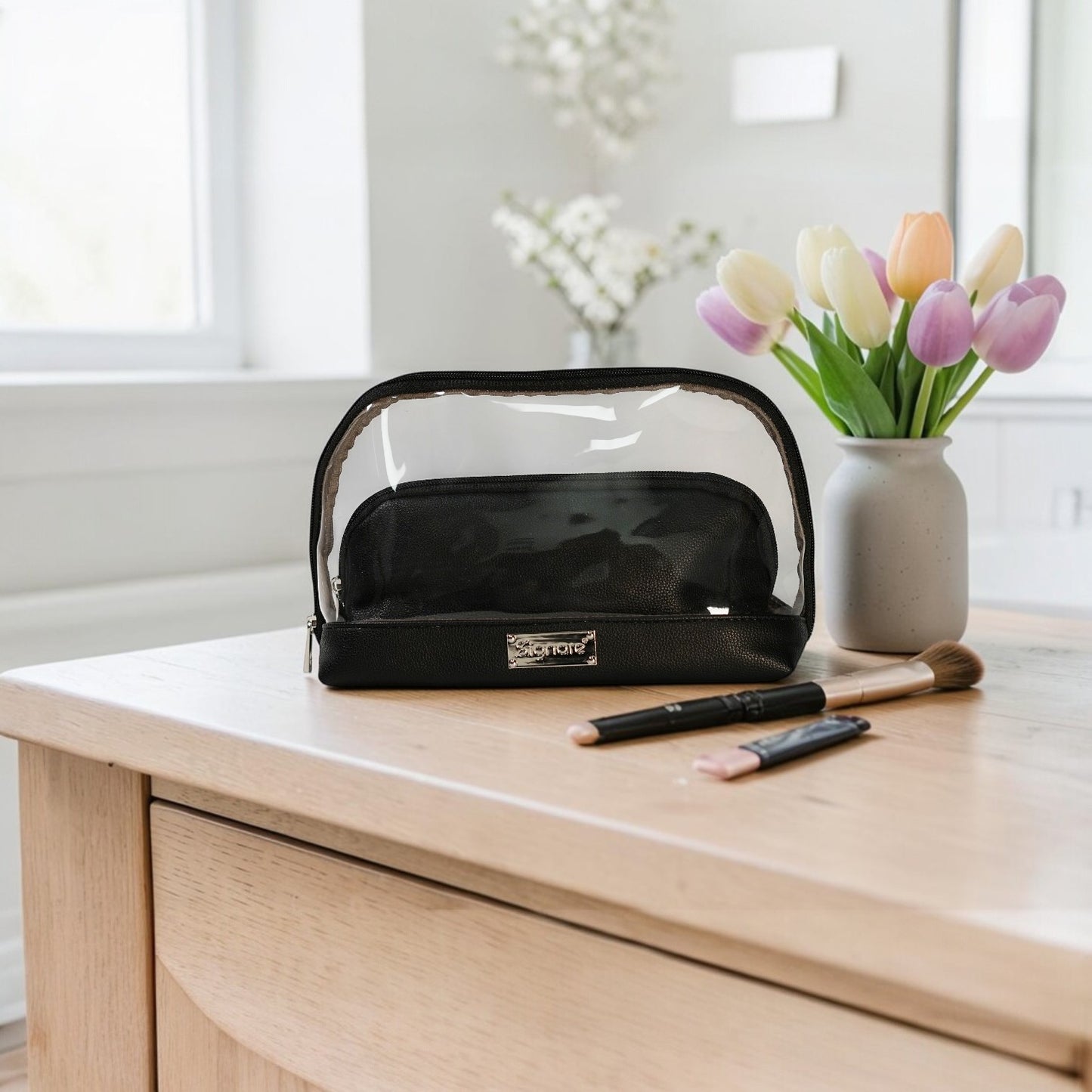 Clear Toiletry Bag/ Cosmetic Bag Set of 2 - Black