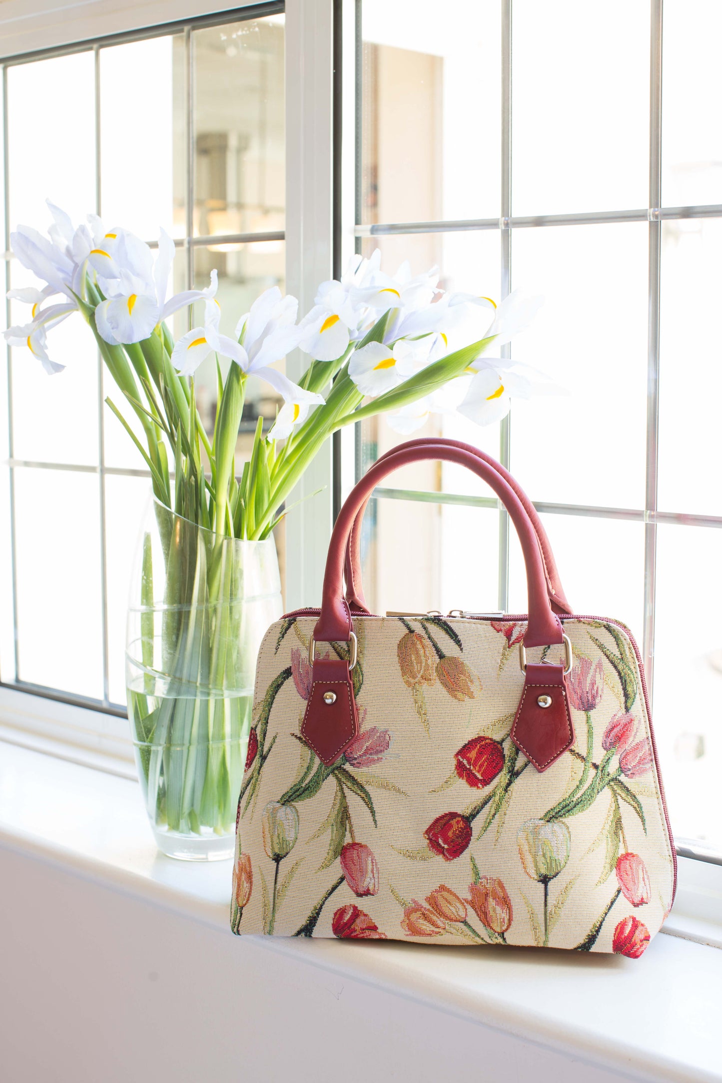 Tulip White Convertible Top Handle Purse Handbag