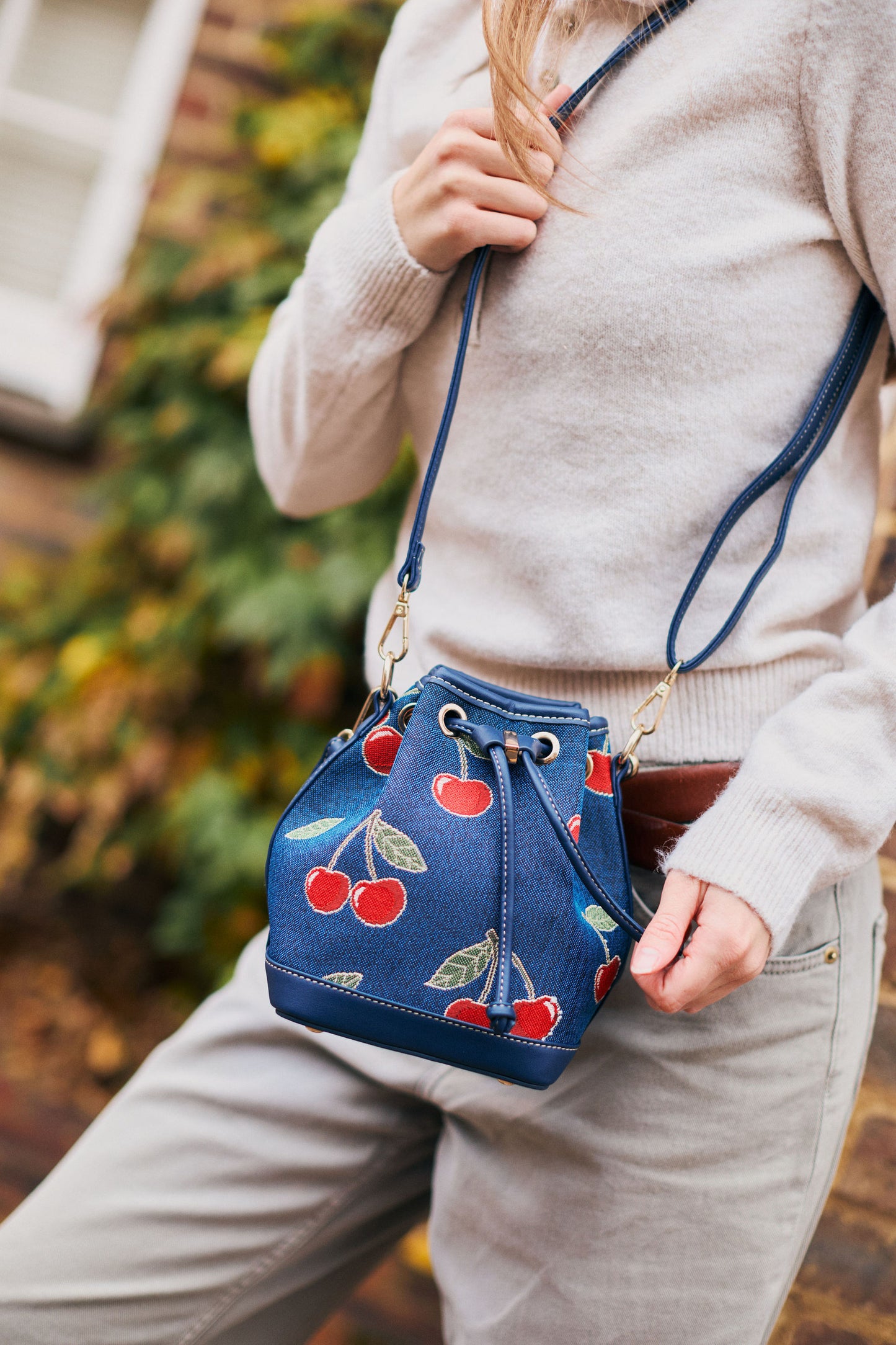 Cherry Denim Blue Bucket Handbag