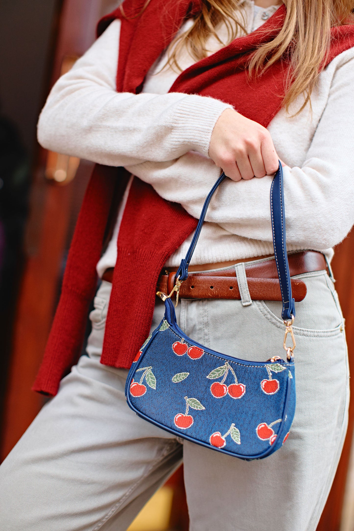 Cherry Denim Blue Moon-Shaped Underarm Handbag