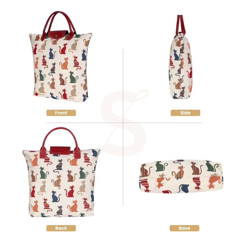 Cheeky Cat Beige and Red Foldaway Grocery Bag