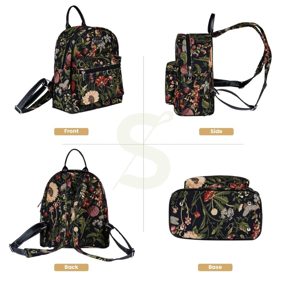 Morning Garden Black Floral Daypack Backpack