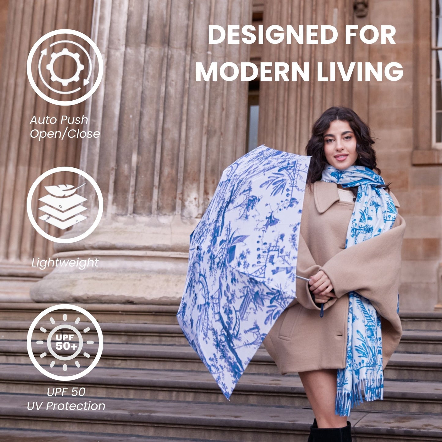 The British Museum Chinoiserie Blue and White Automatic Folding Umbrella