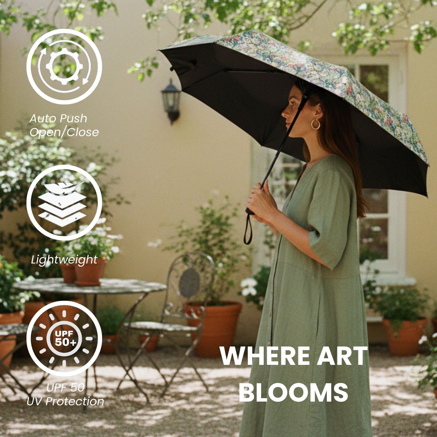 Golden Lily Green Automatic Folding Umbrella