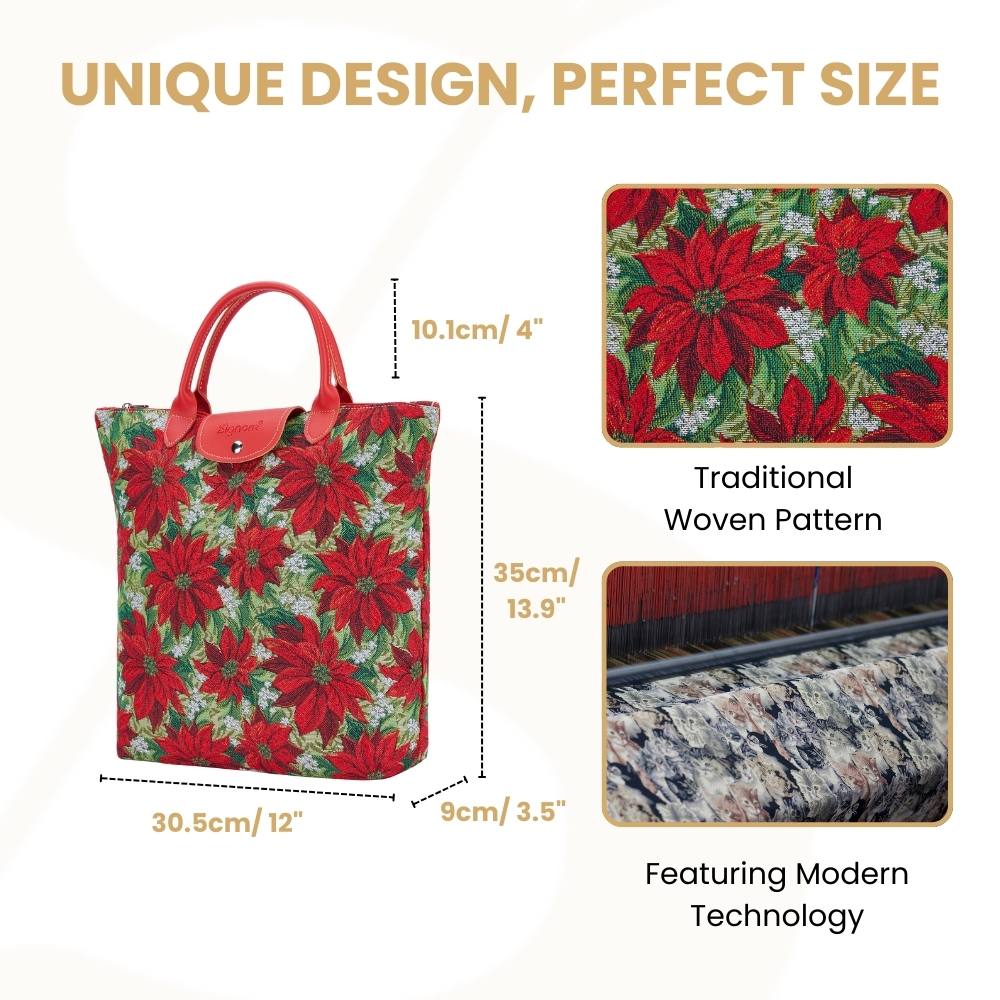 Xmas Poinsettias Red Foldaway Reusable Grocery Bag
