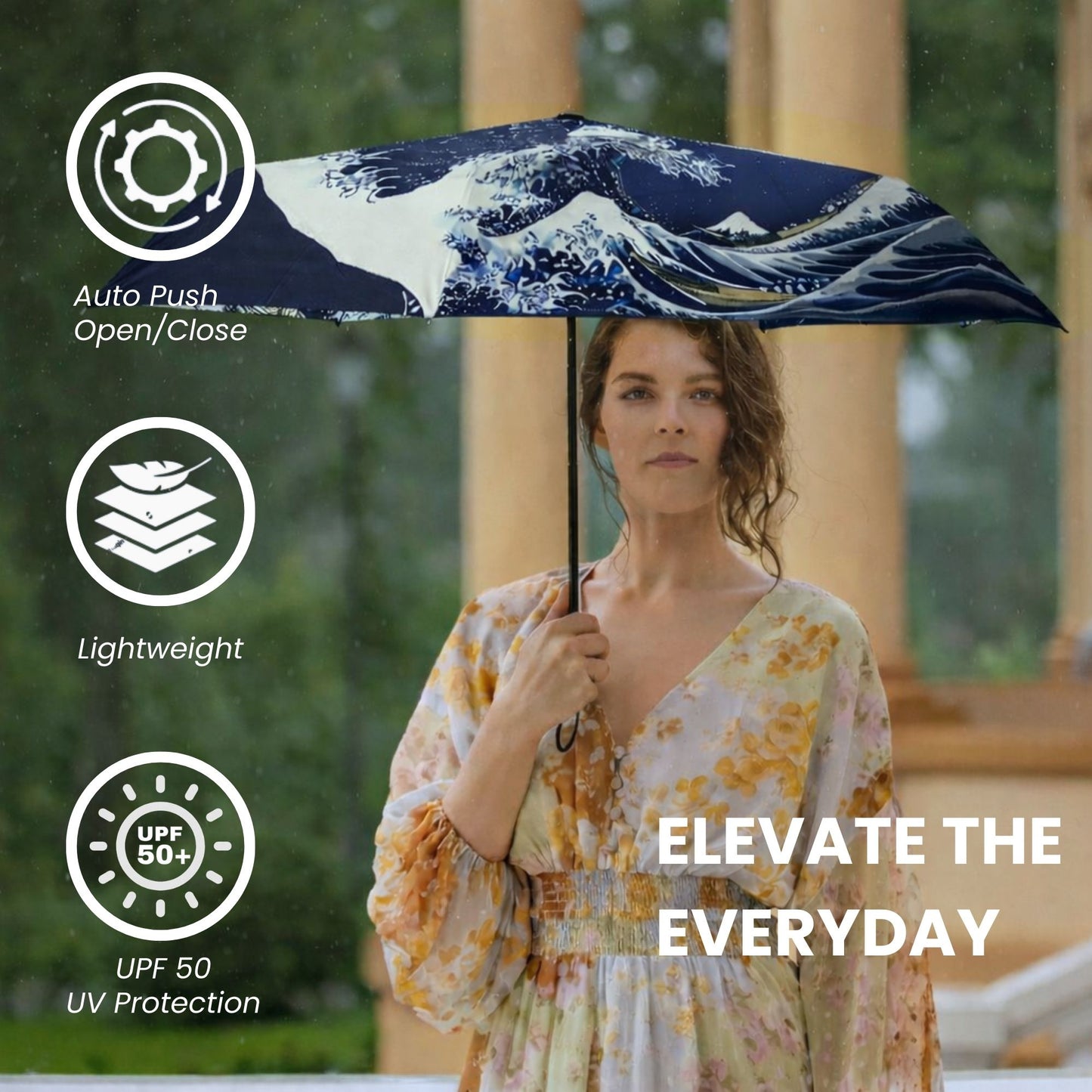 The British Museum - Great Wave off Kanagawa Navy Blue Automatic Folding Umbrella