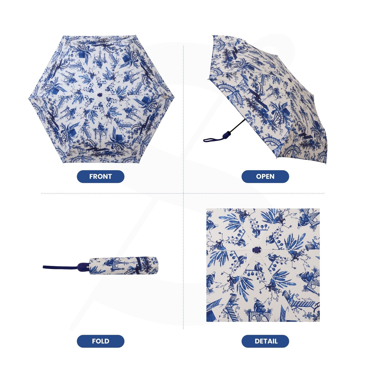 The British Museum Chinoiserie Blue and White Automatic Folding Umbrella