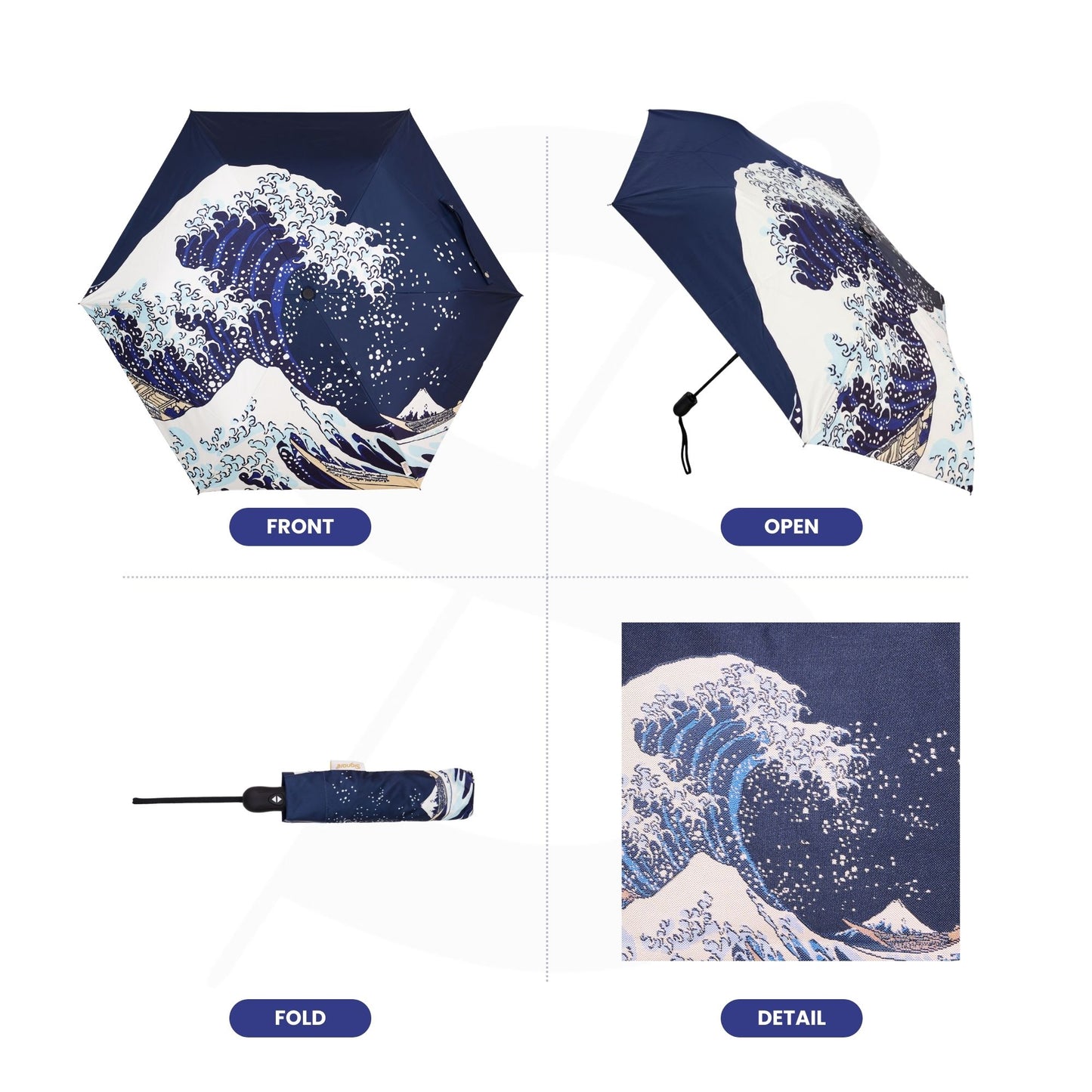 The British Museum - Great Wave off Kanagawa Navy Blue Automatic Folding Umbrella