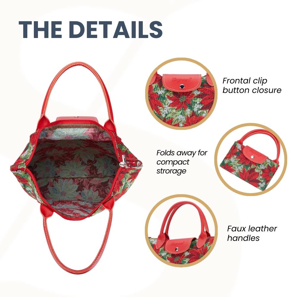 Xmas Poinsettias Red Foldaway Reusable Grocery Bag