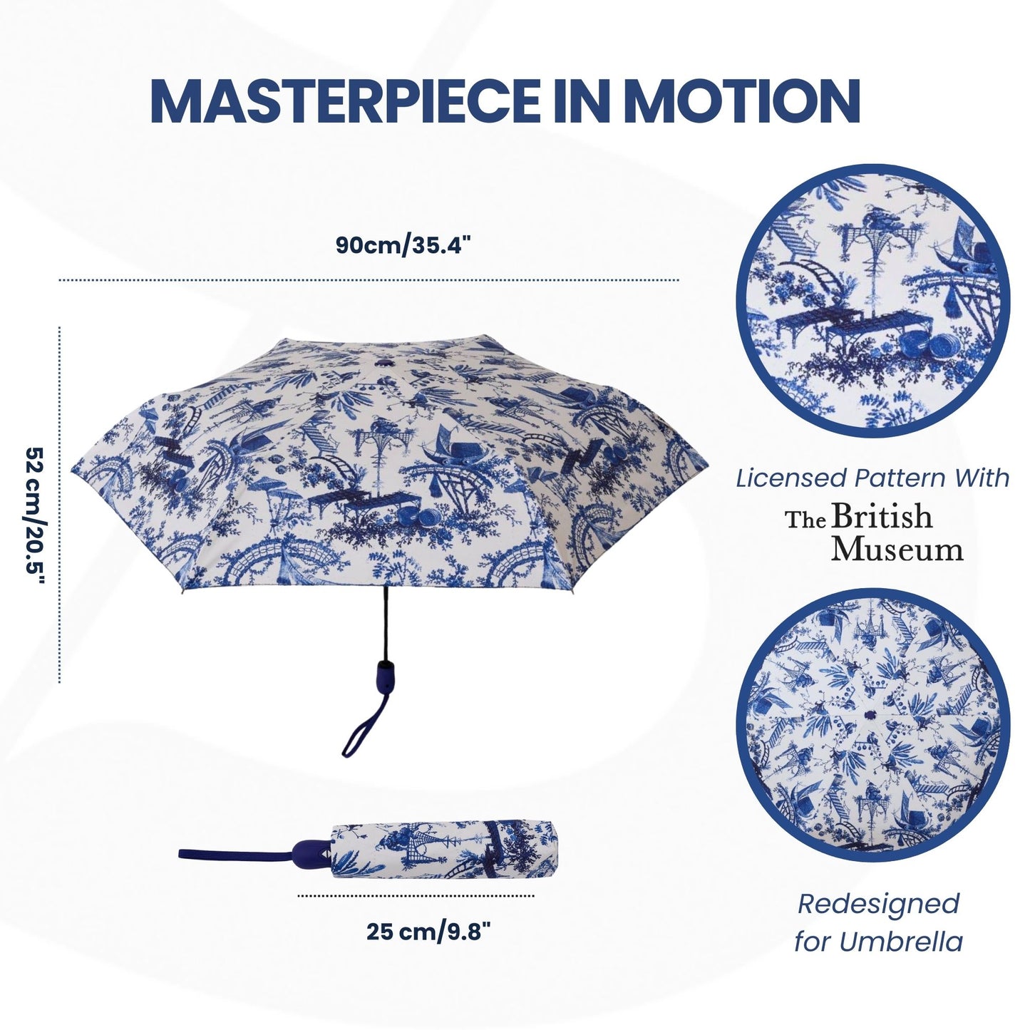 The British Museum Chinoiserie Blue and White Automatic Folding Umbrella
