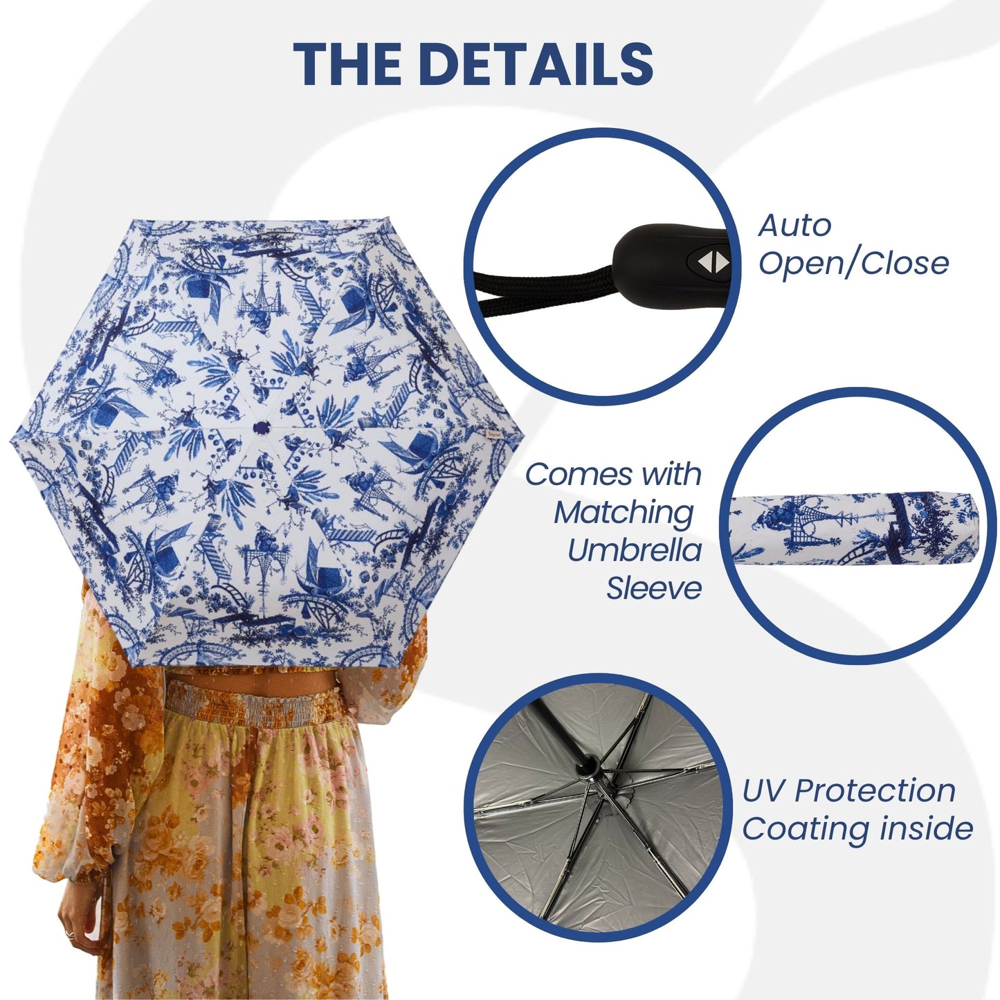 The British Museum Chinoiserie Blue and White Automatic Folding Umbrella
