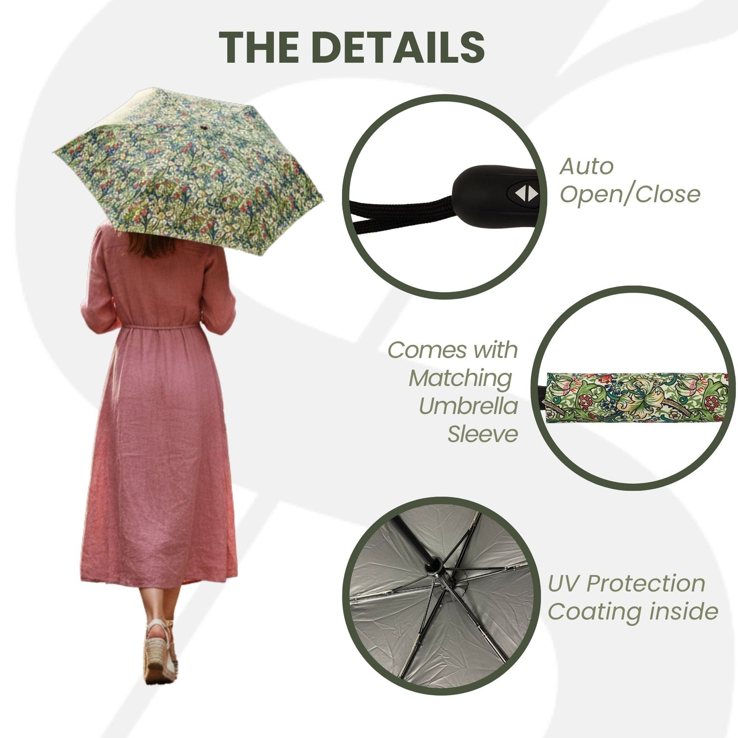 Golden Lily Green Automatic Folding Umbrella