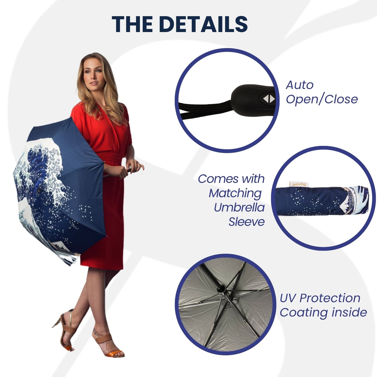 The British Museum - Great Wave off Kanagawa Navy Blue Automatic Folding Umbrella