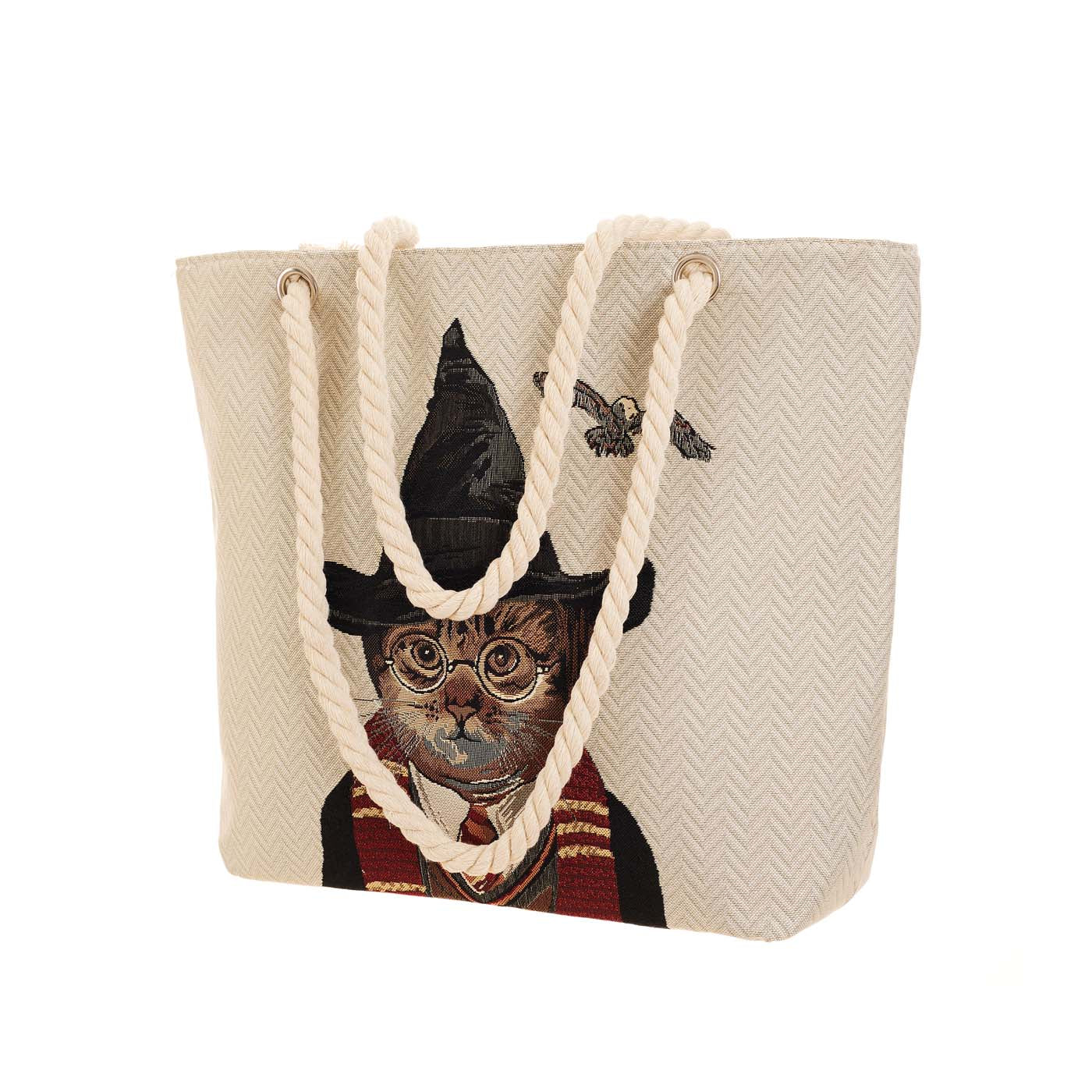 Magic Cat Beige Rope Tote Beach Bag