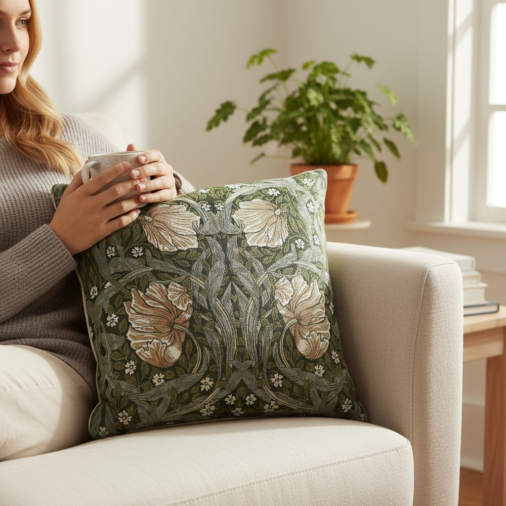 William Morris Pimpernel And Thyme Green Panelled Pillowcase/Cushion Cover 18x18 Inch