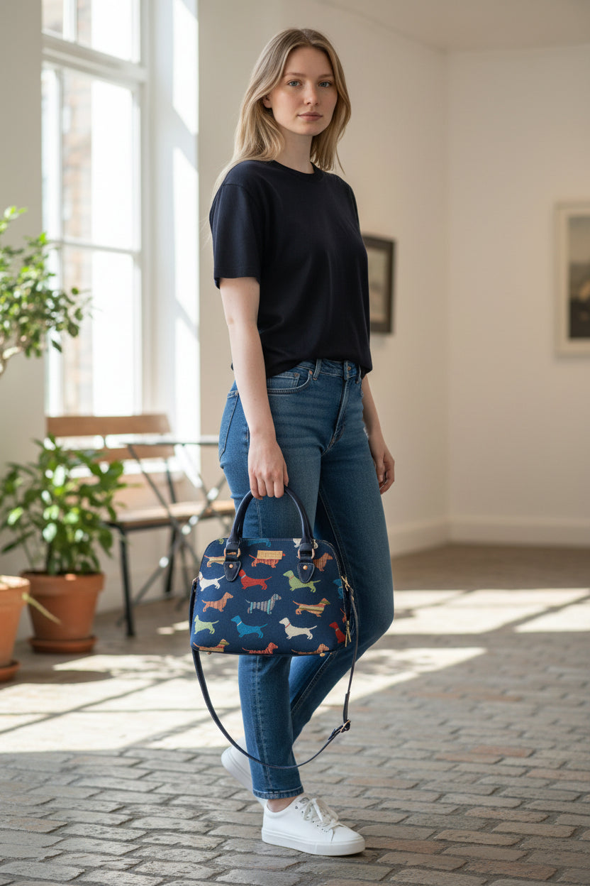 Dachshund Blue Convertible Top Handle Purse Handbag
