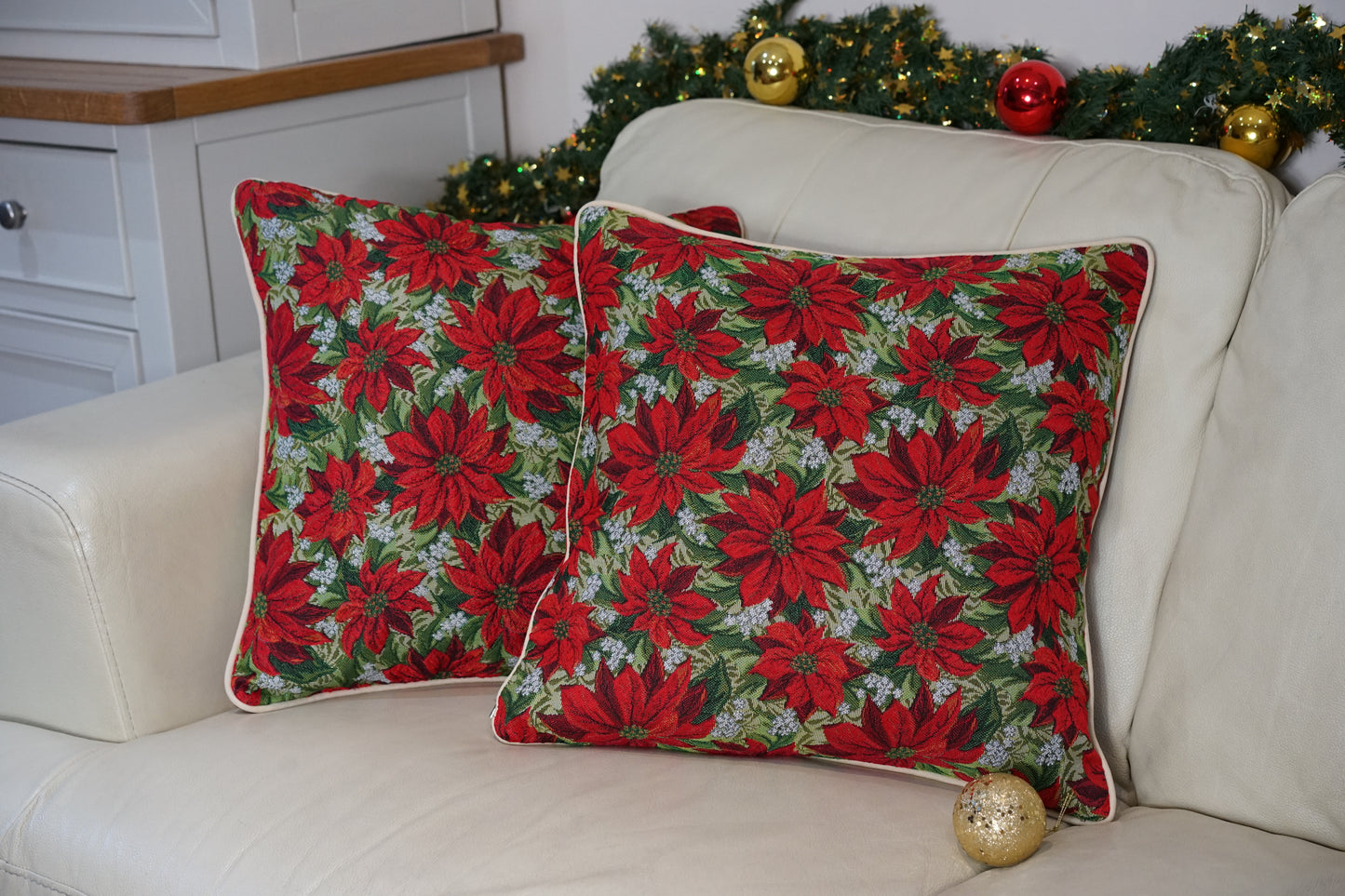 Xmas Poinsettias Pillowcase Cushion Cover 18x18 Inch