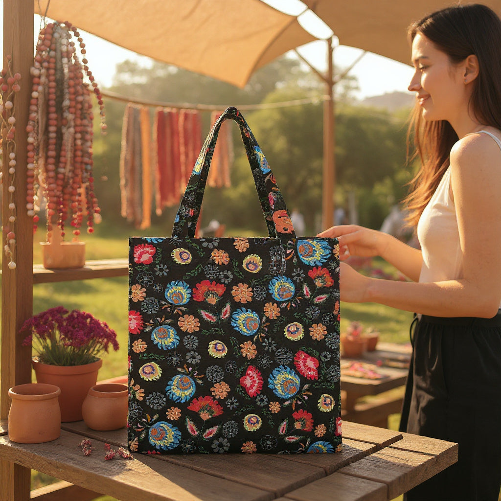 Polish Folk Art Flower Black Flat Bag