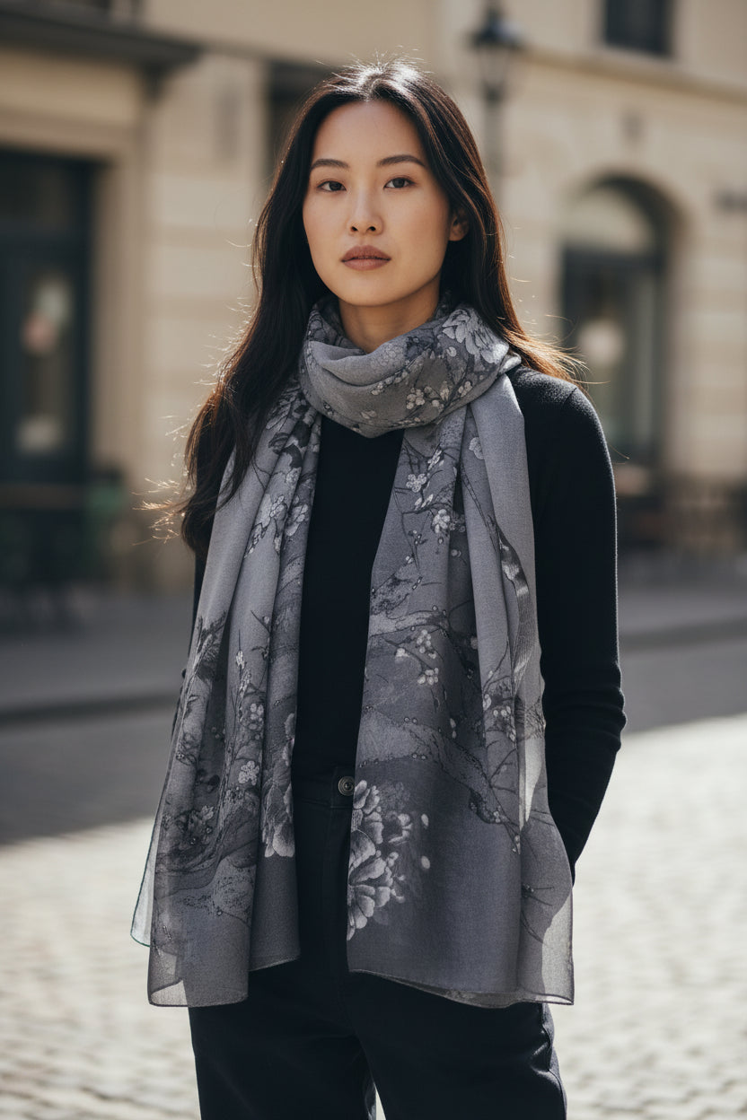 Chiffon Bird Blossom Black & White | Chiffon Scarf