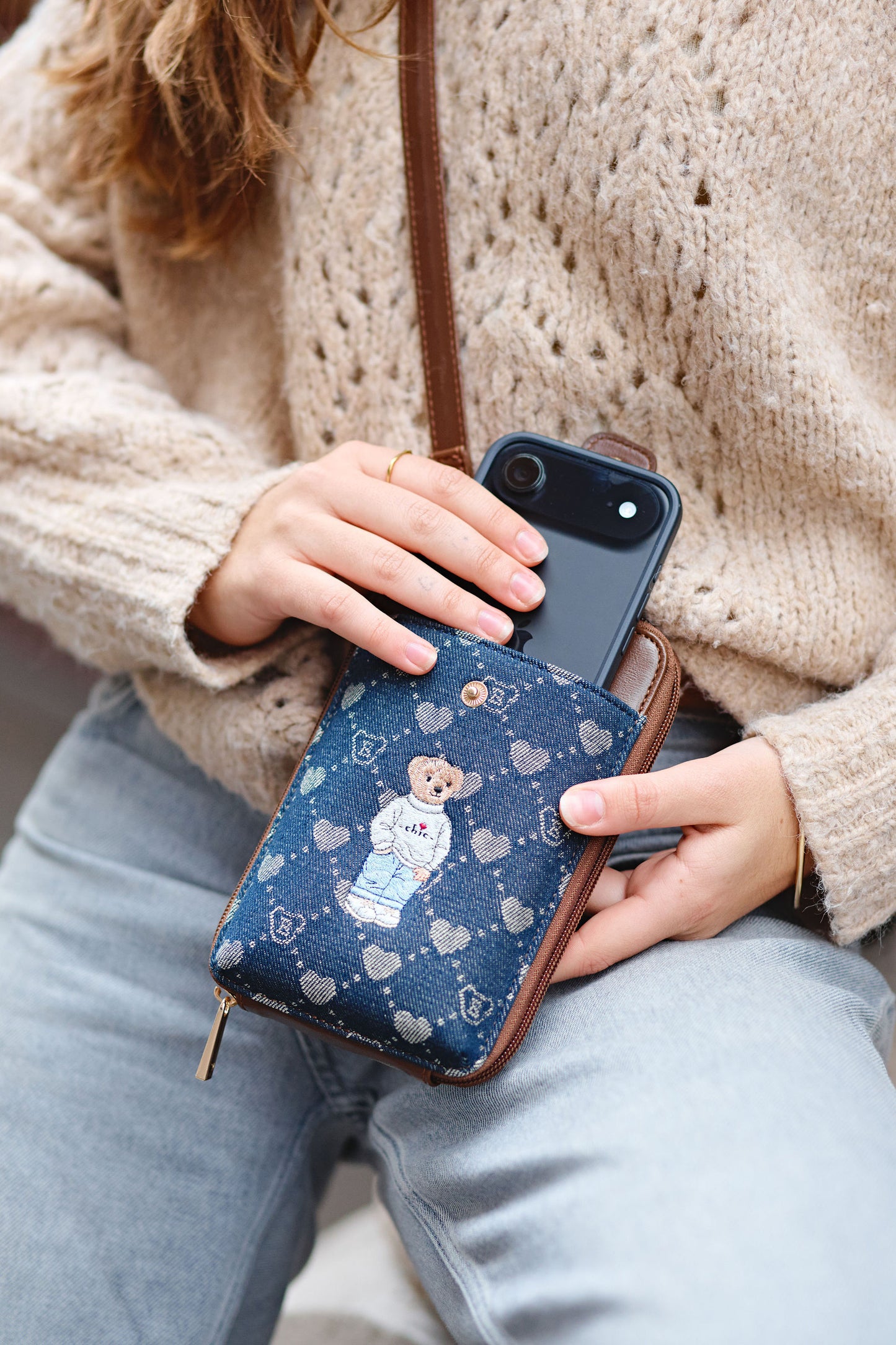 B-Loved Bear Denim Blue Smart Phone Crossbody Bag