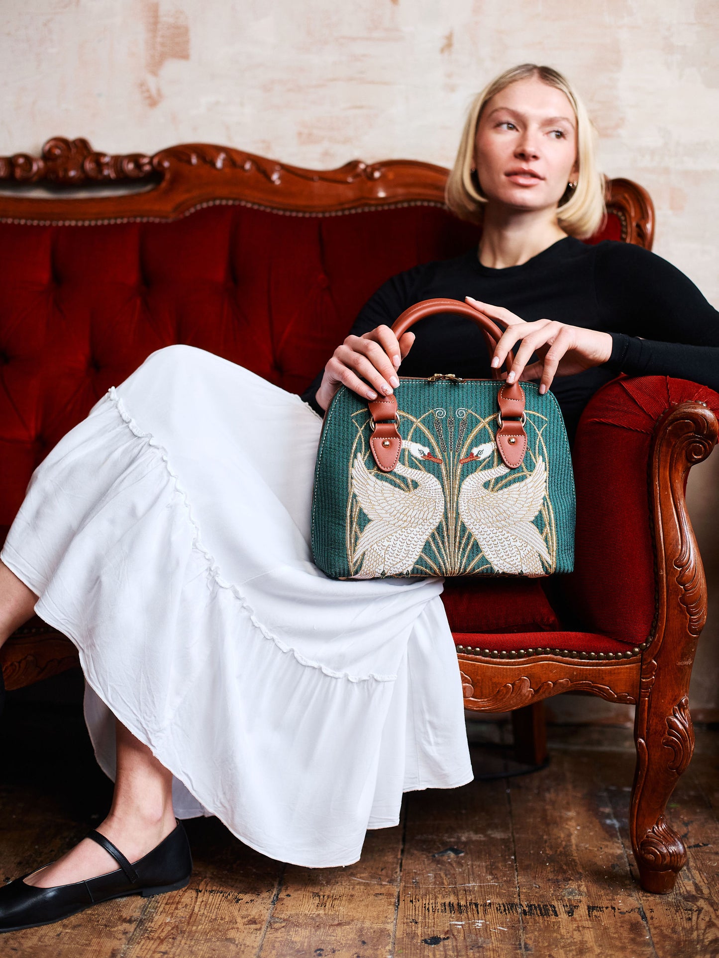 Swan, Rush and Iris Convertible Top Handle Purse Handbag