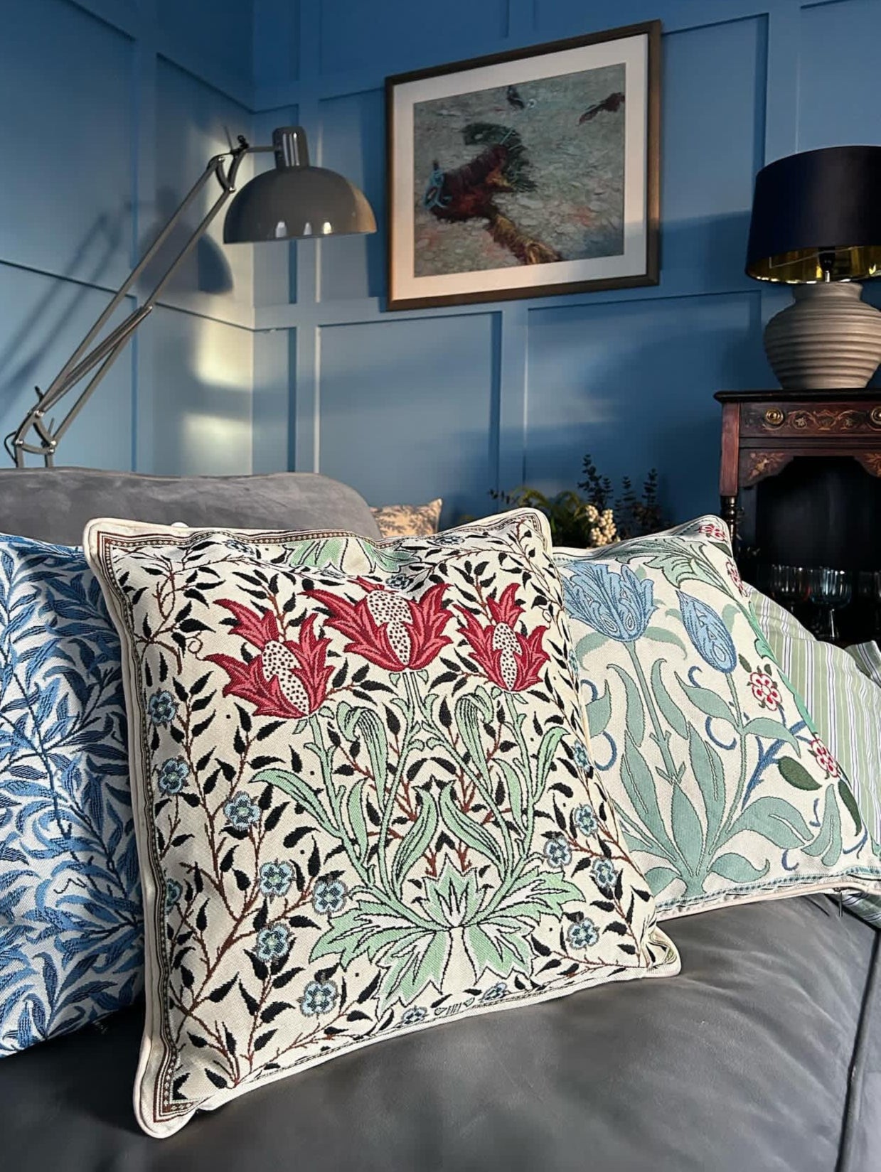 William Morris Blue Tulip - Panelled Pillowcase/Cushion Cover 18x18 Inch