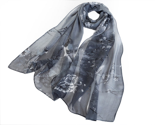 SC-Chiffon Bird Blossom Black & White | Chiffon Scarf - www.signareusa.com