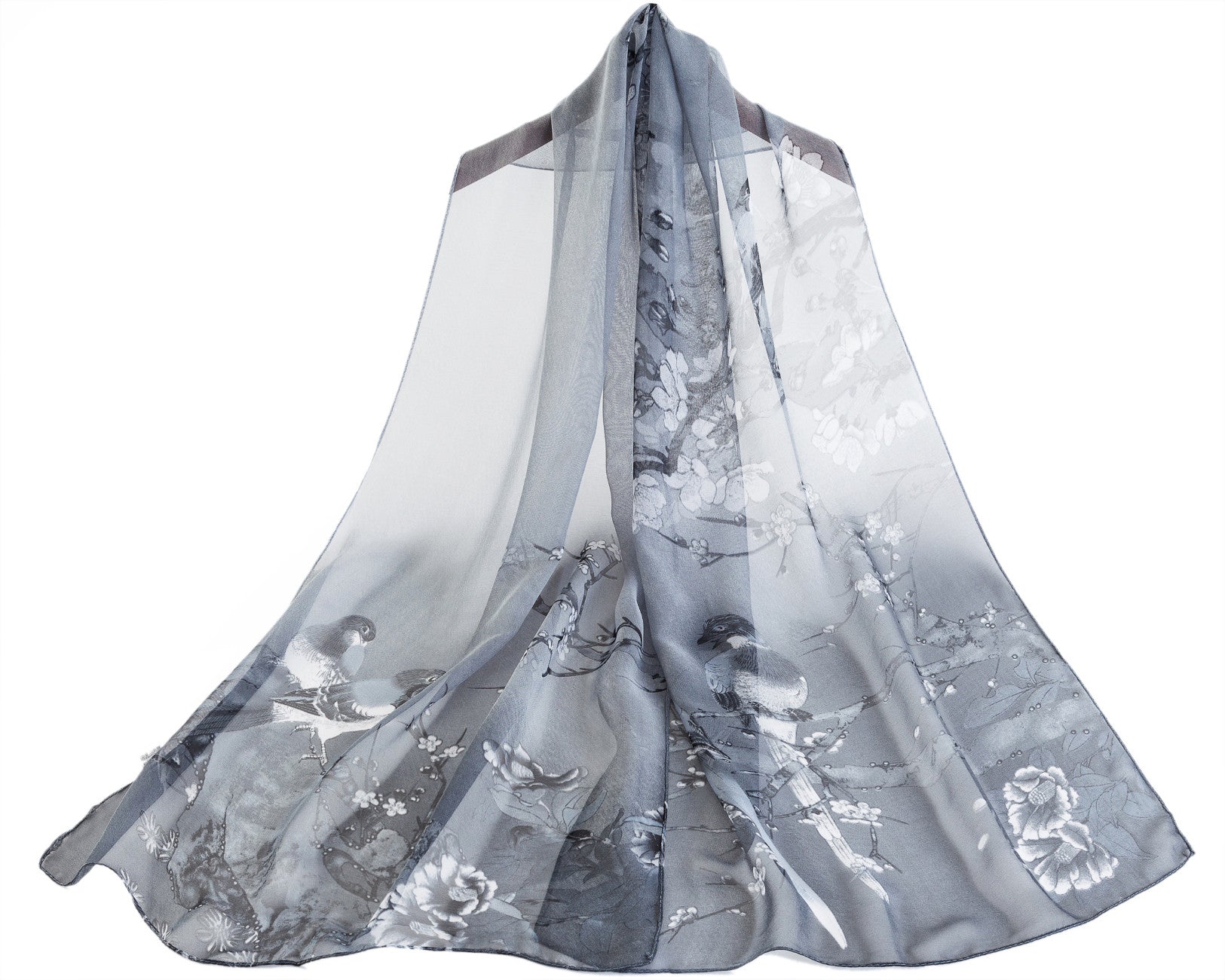 SC-Chiffon Bird Blossom Black & White | Chiffon Scarf - www.signareusa.com