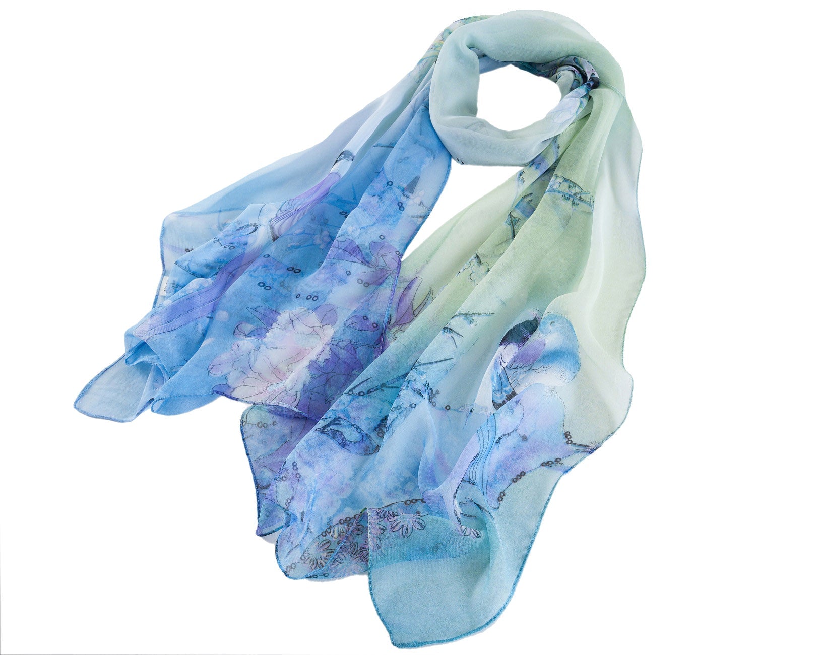 SC-Chiffon Bird Blossom Sky Blue | Chiffon Scarf - www.signareusa.com