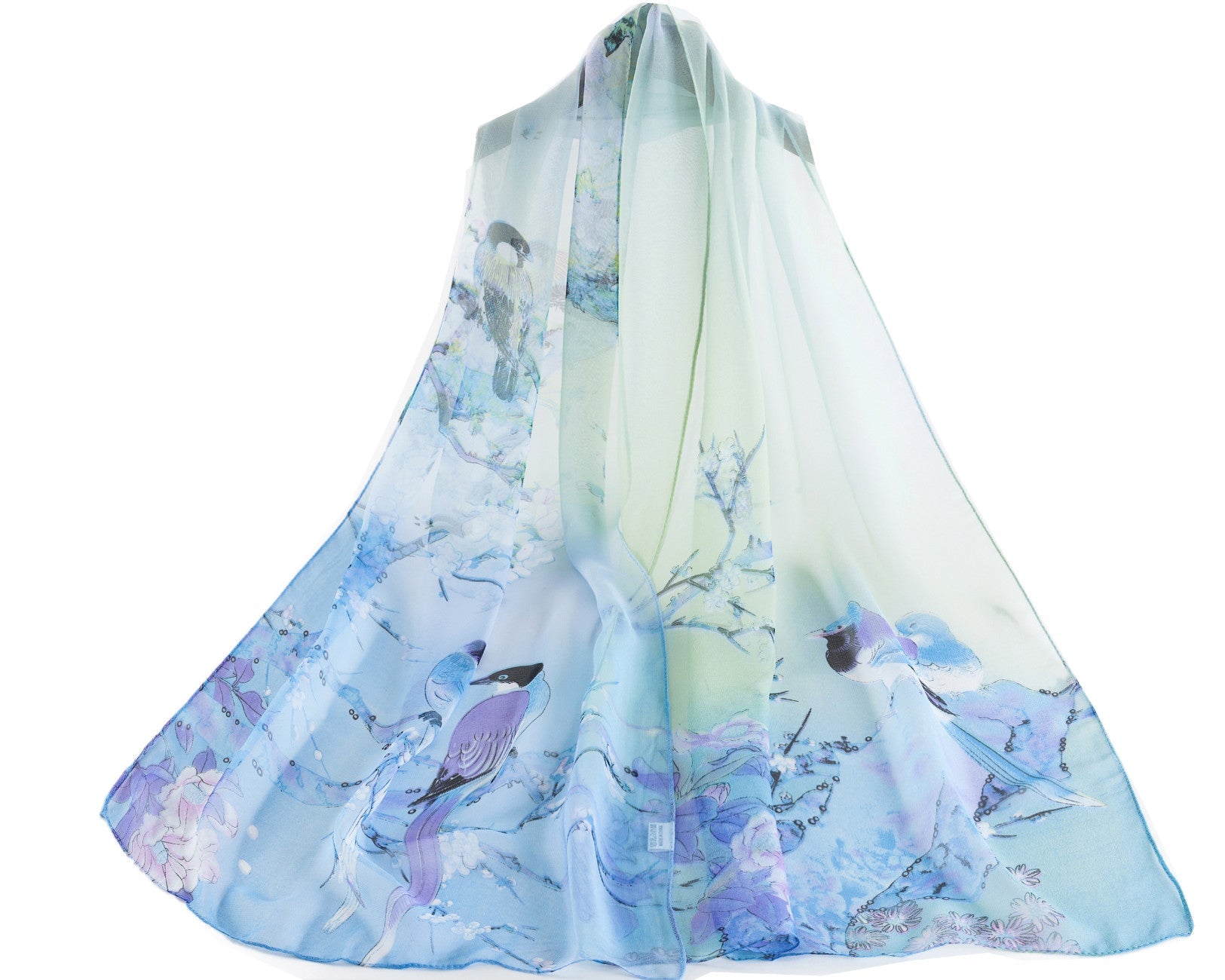 SC-Chiffon Bird Blossom Sky Blue | Chiffon Scarf - www.signareusa.com