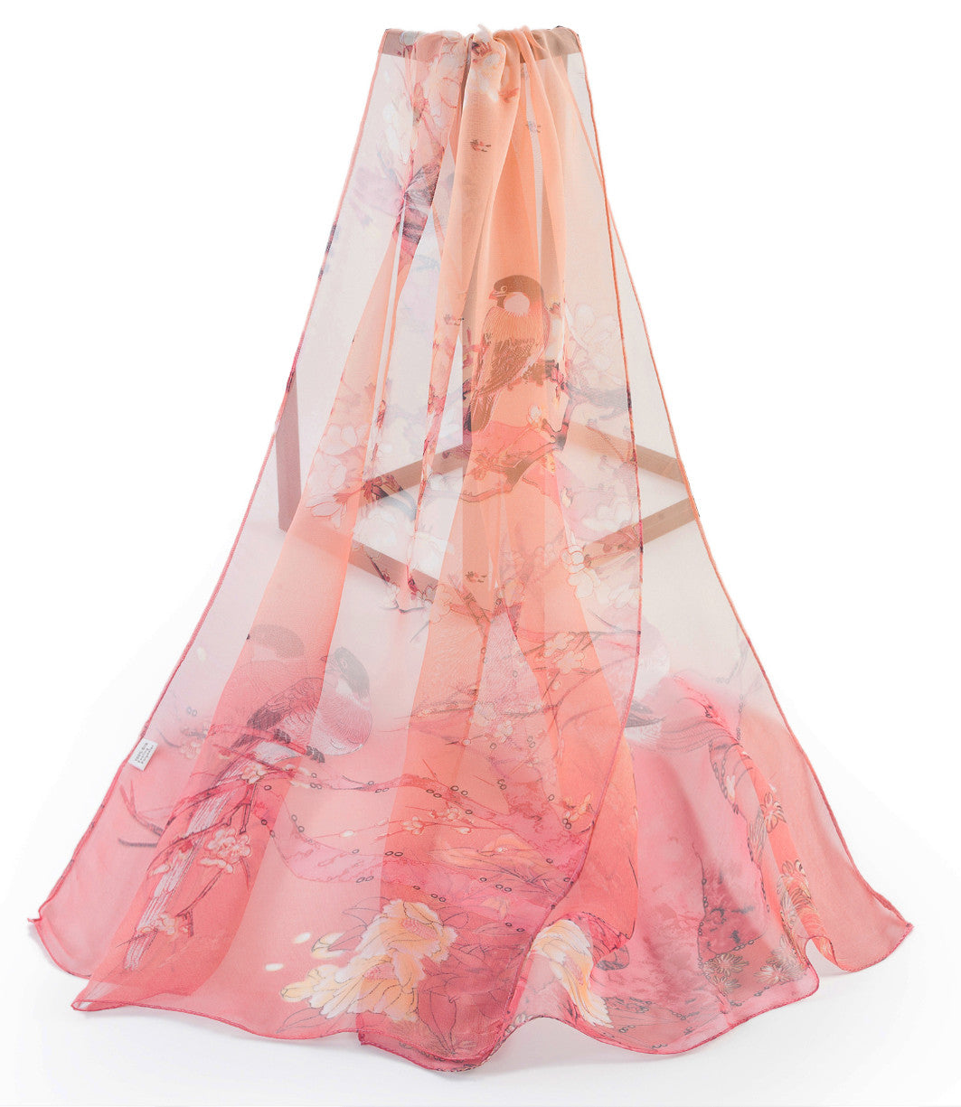 SC-Chiffon Bird Blossom Peach | Chiffon Scarf - www.signareusa.com