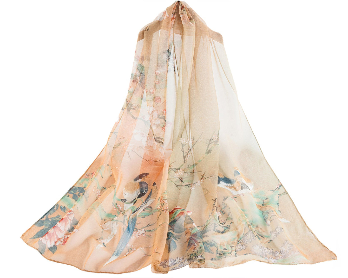 SC-Chiffon Bird Blossom Sand | Chiffon Scarf - www.signareusa.com