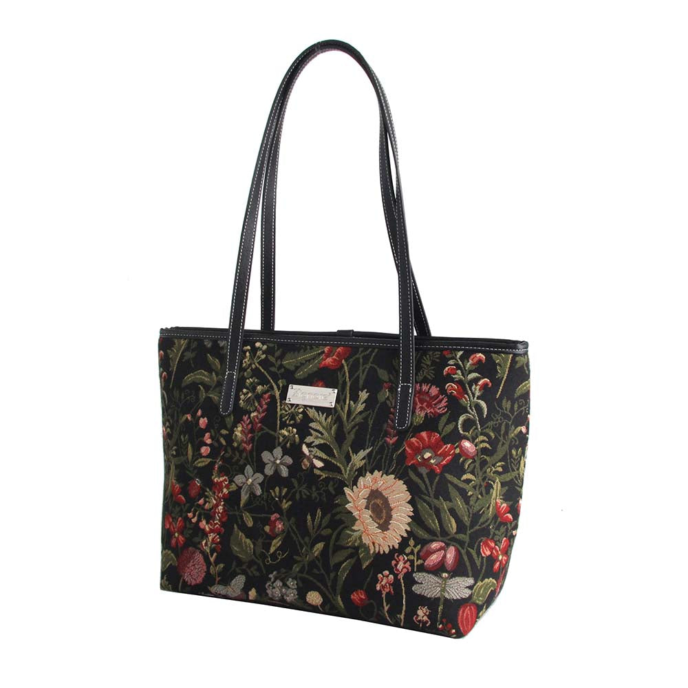 Morning Garden Black Shoulder Tote Bag