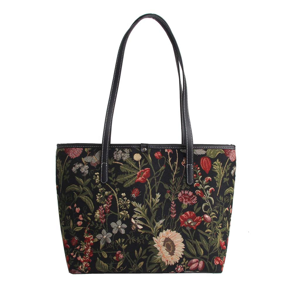 Morning Garden Black Shoulder Tote Bag