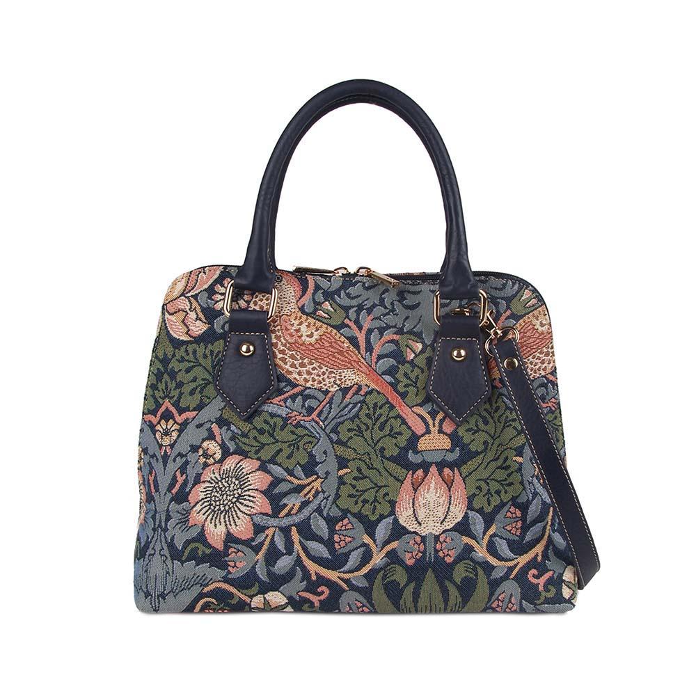 CONV-STBL | William Morris Strawberry Thief Blue Convertible Top Handle Purse Handbag - www.signareusa.com