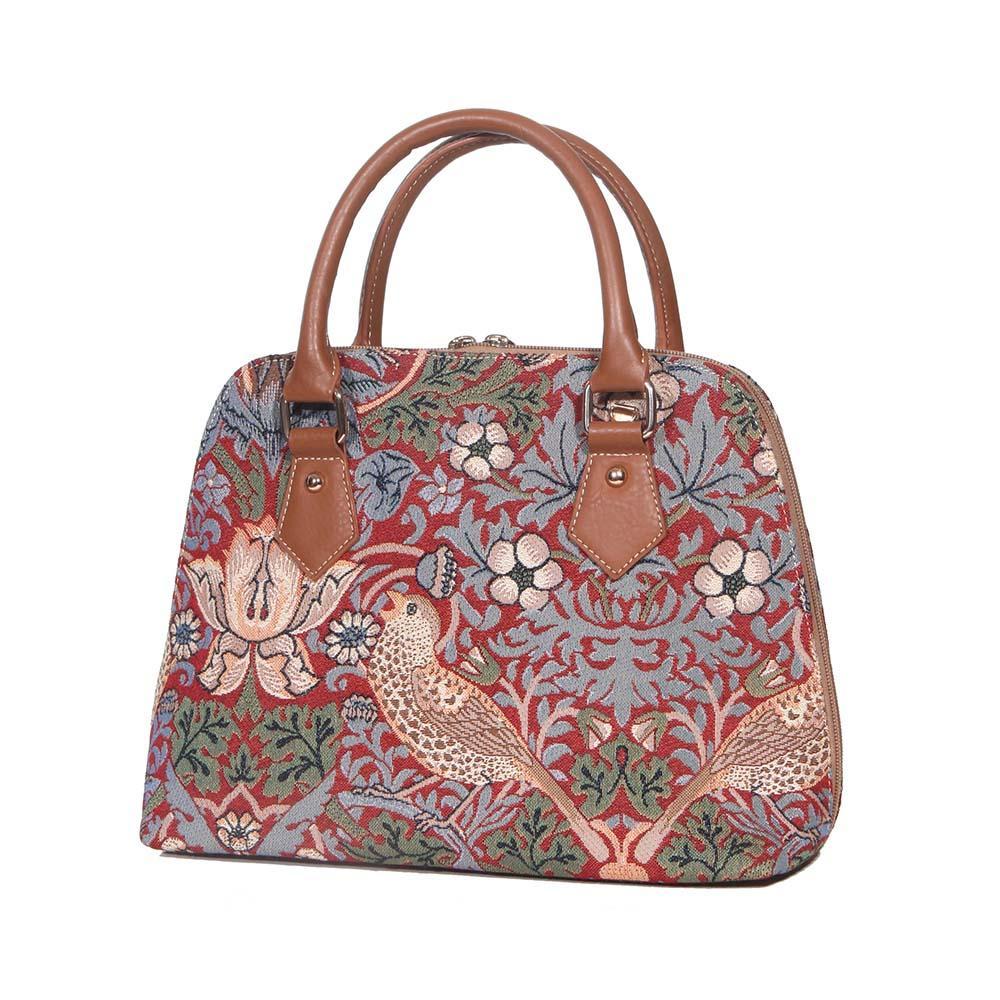 CONV-STRD | William Morris Strawberry Thief Red Convertible Top Handle Purse Handbag - www.signareusa.com