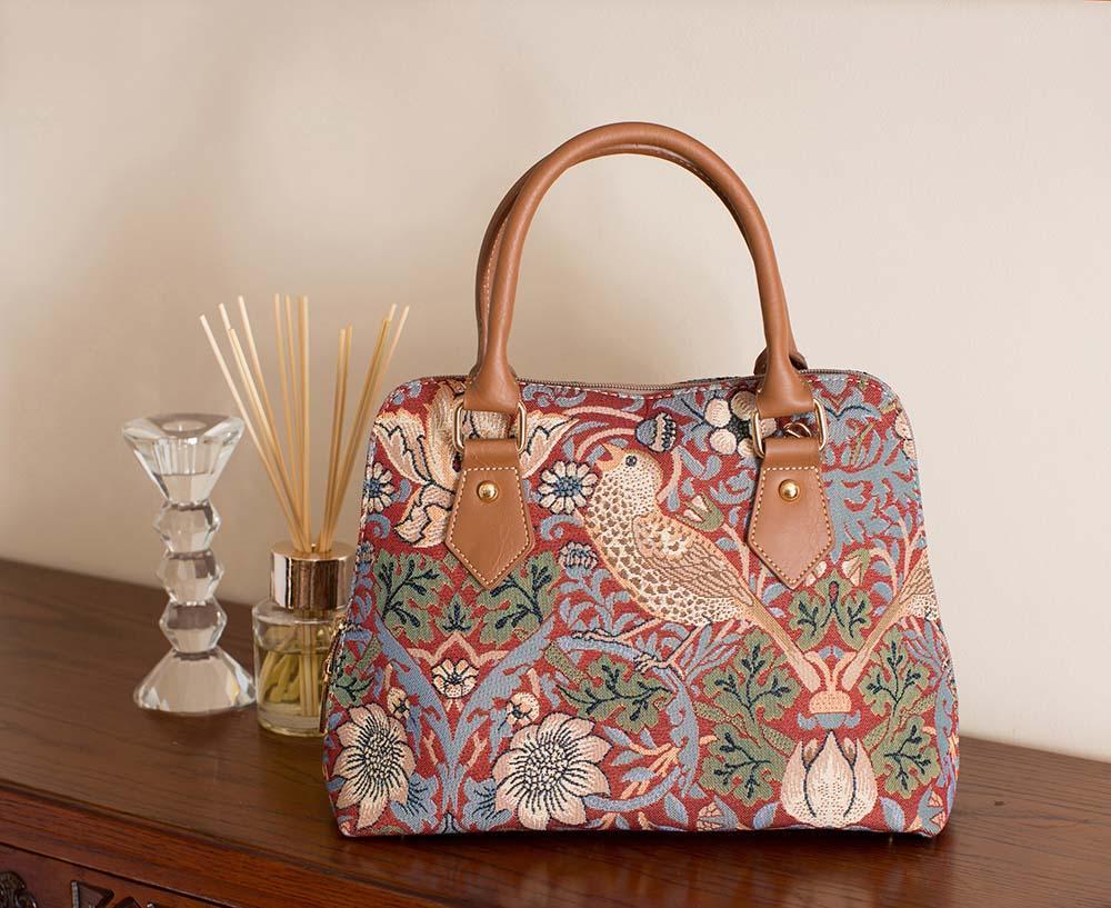 CONV-STRD | William Morris Strawberry Thief Red Convertible Top Handle Purse Handbag - www.signareusa.com