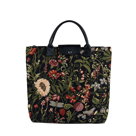 Morning Garden Black Foldaway Grocery Bag