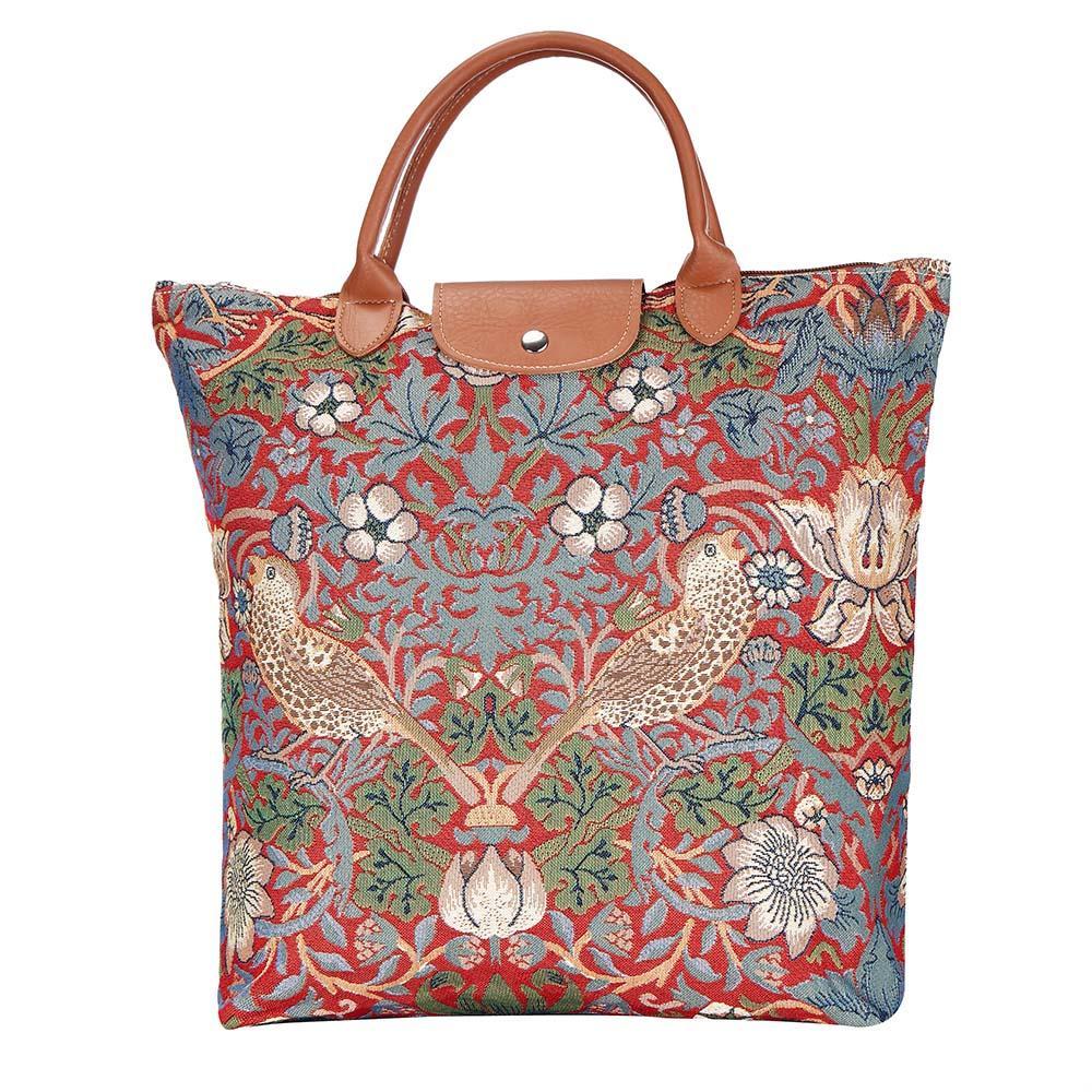 FDAW-STRD | WILLIAM MORRIS STRAWBERRY THIEF RED FOLDAWAY GROCERY BAG - www.signareusa.com