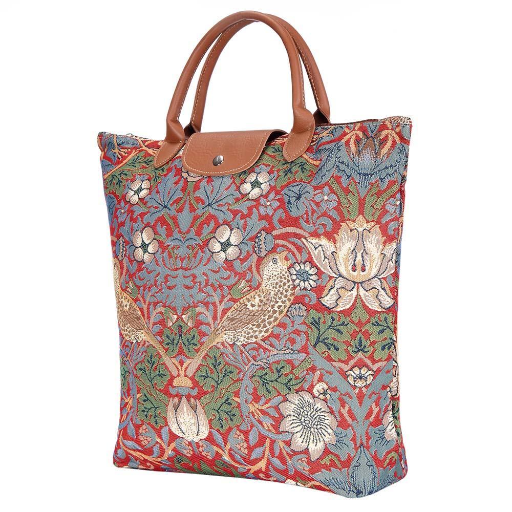 FDAW-STRD | WILLIAM MORRIS STRAWBERRY THIEF RED FOLDAWAY GROCERY BAG - www.signareusa.com