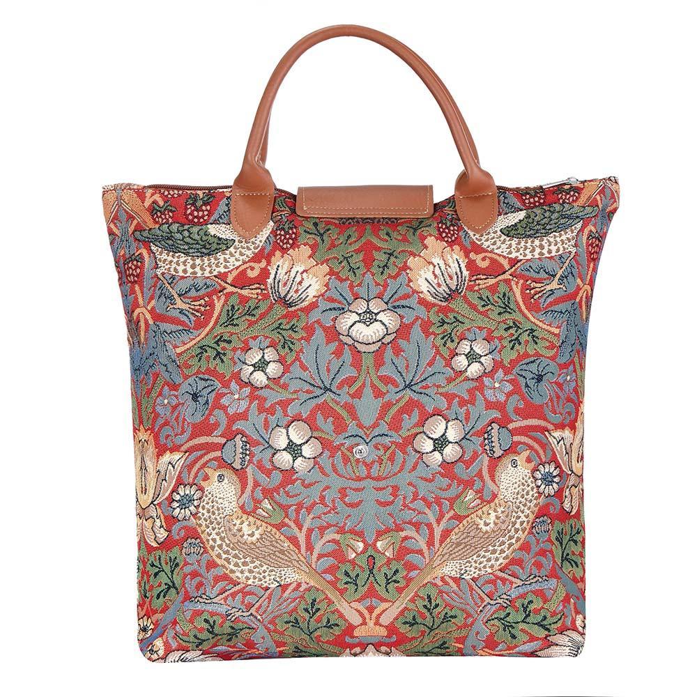 FDAW-STRD | WILLIAM MORRIS STRAWBERRY THIEF RED FOLDAWAY GROCERY BAG - www.signareusa.com