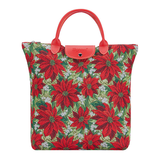 Xmas Poinsettias Red Foldaway Reusable Grocery Bag