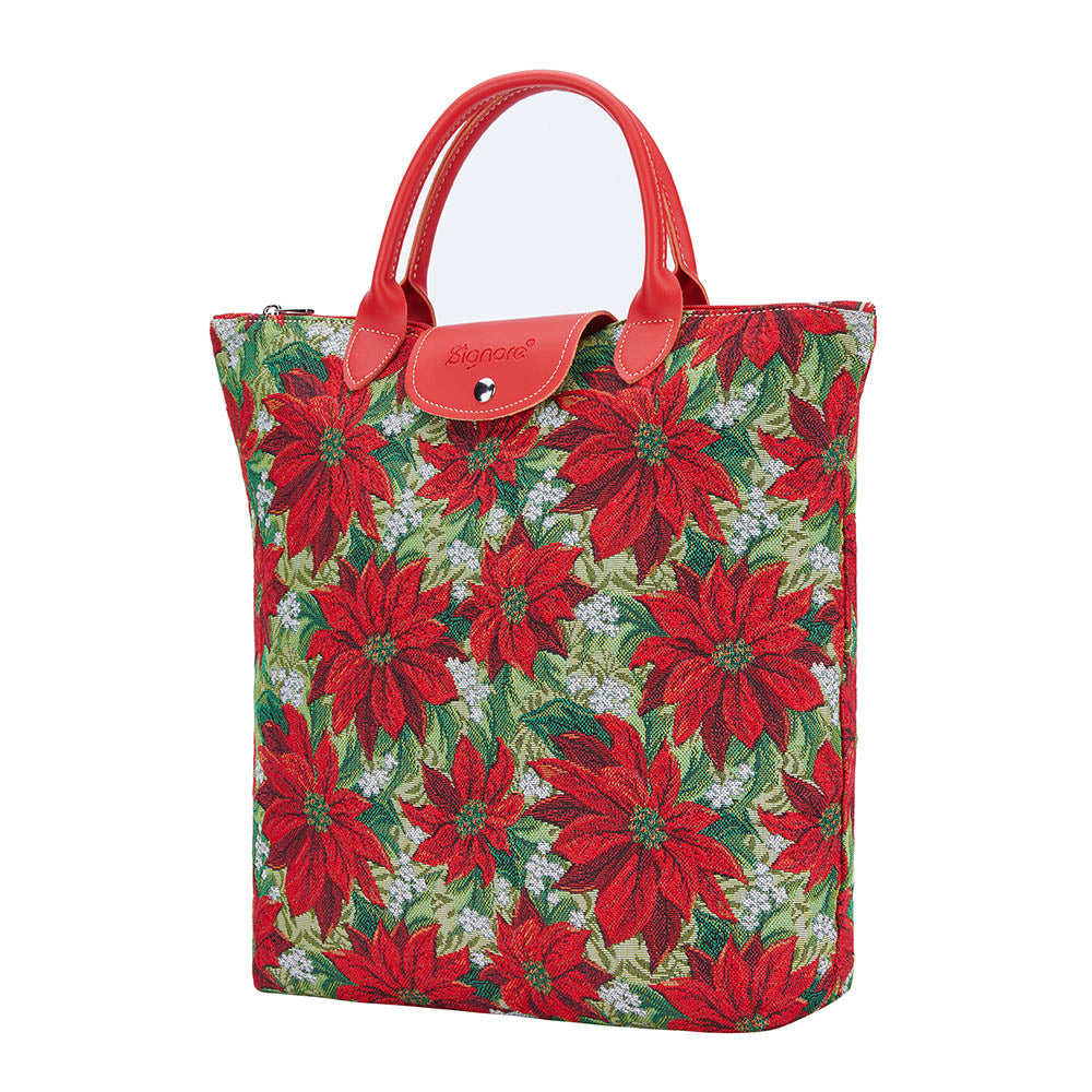 Xmas Poinsettias Red Foldaway Reusable Grocery Bag