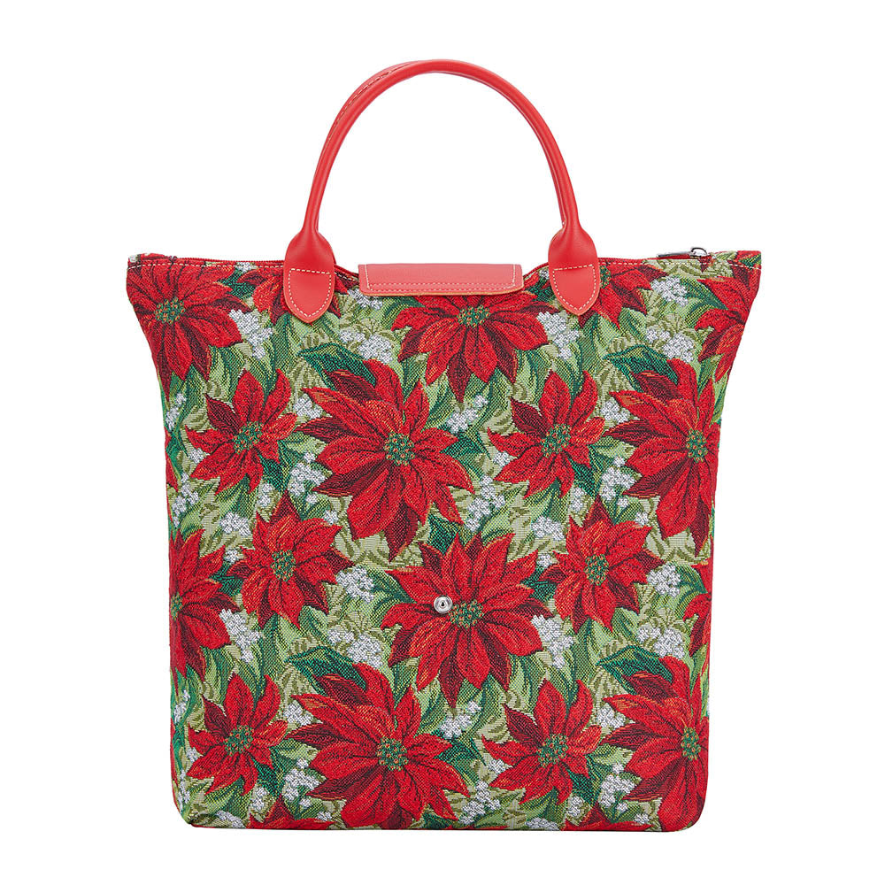 Xmas Poinsettias Red Foldaway Reusable Grocery Bag