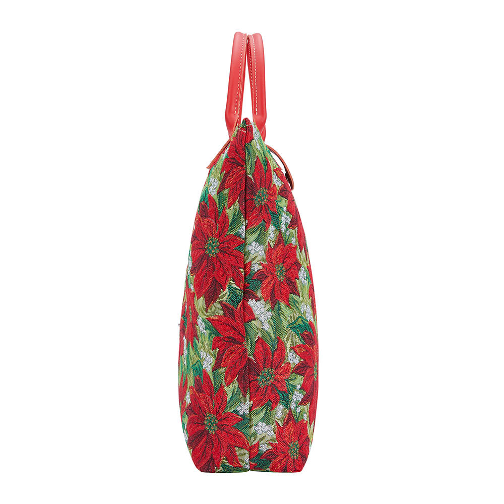 Xmas Poinsettias Red Foldaway Reusable Grocery Bag